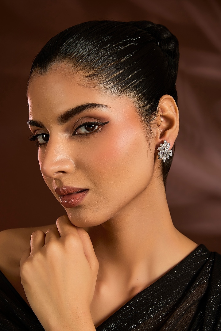 White Finish White Stone Stud Earrings In Sterling Silver by Diosa Paris Jewellery at Pernia's Pop Up Shop