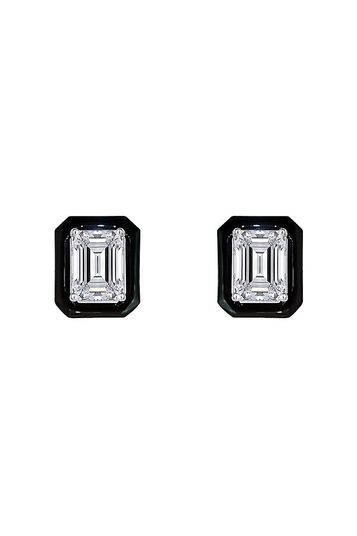 White Finish Swarovski Zirconia Black Enameled Stud Earrings In Sterling Silver by Diosa Paris Jewellery at Pernia's Pop Up Shop