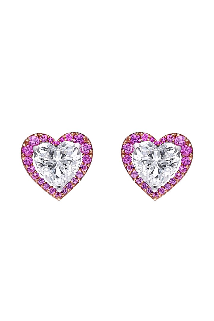 White Finish White & Pink Swarovski Zirconia Heart-Shaped Stud Earrings In Sterling Silver by Diosa Paris Jewellery at Pernia's Pop Up Shop