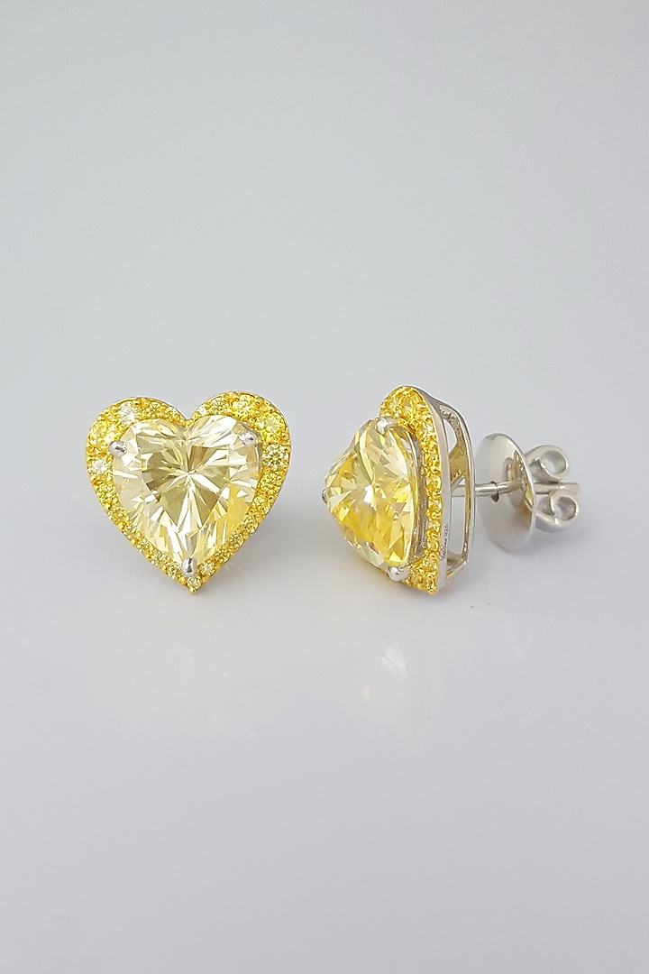 White Finish White & Yellow Swarovski Zirconia Heart-Shaped Stud Earrings In Sterling Silver by Diosa Paris Jewellery at Pernia's Pop Up Shop