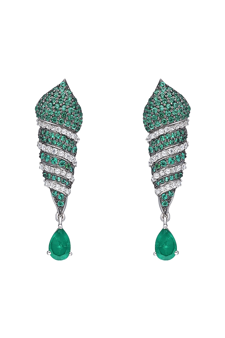 White Finish Green Stone & Swarovski Zirconia Dangler Earrings In Sterling Silver by Diosa Paris Jewellery at Pernia's Pop Up Shop