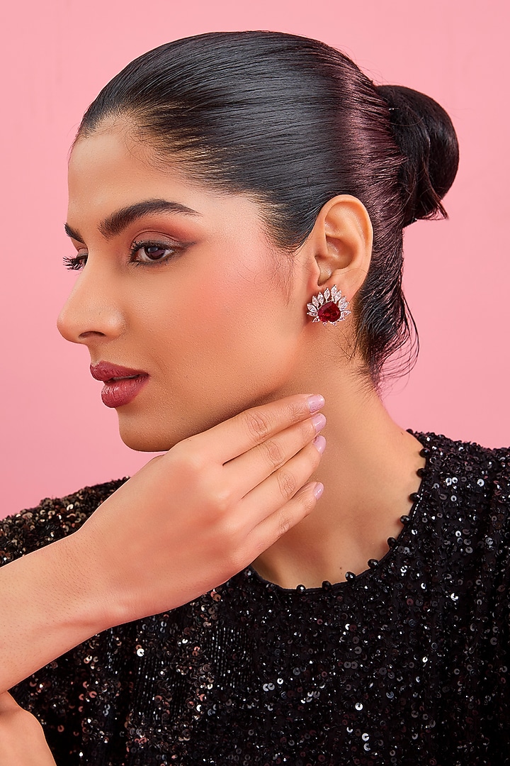 Silver Finish Red & White Stone Stud Earrings In Sterling Silver by Diosa Paris Jewellery at Pernia's Pop Up Shop