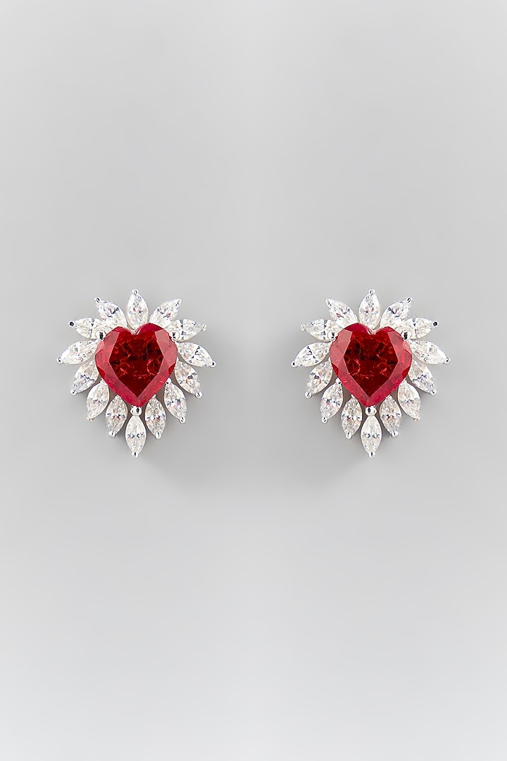 Silver Finish Red & White Stone Stud Earrings In Sterling Silver by Diosa Paris Jewellery at Pernia's Pop Up Shop