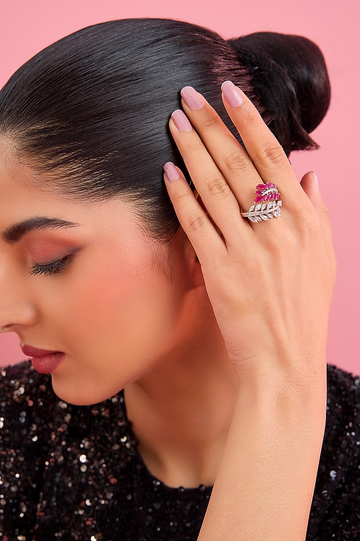 Silver Finish Pink & White Stone Ring In Sterling Silver by Diosa Paris Jewellery at Pernia's Pop Up Shop