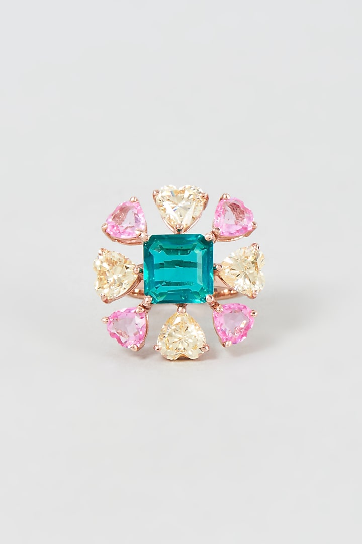 Rose Gold Finish Swarovski Zirconia & Emerald Stone Ring In Sterling Silver by Diosa Paris Jewellery at Pernia's Pop Up Shop
