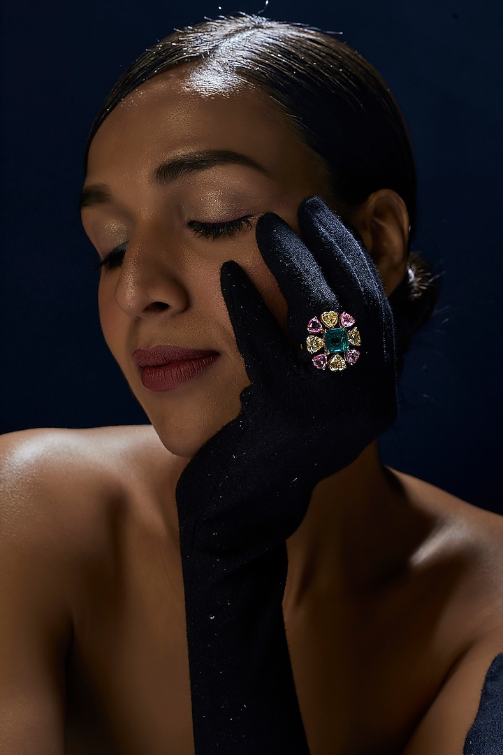 Rose Gold Finish Swarovski Zirconia & Emerald Stone Ring In Sterling Silver by Diosa Paris Jewellery at Pernia's Pop Up Shop