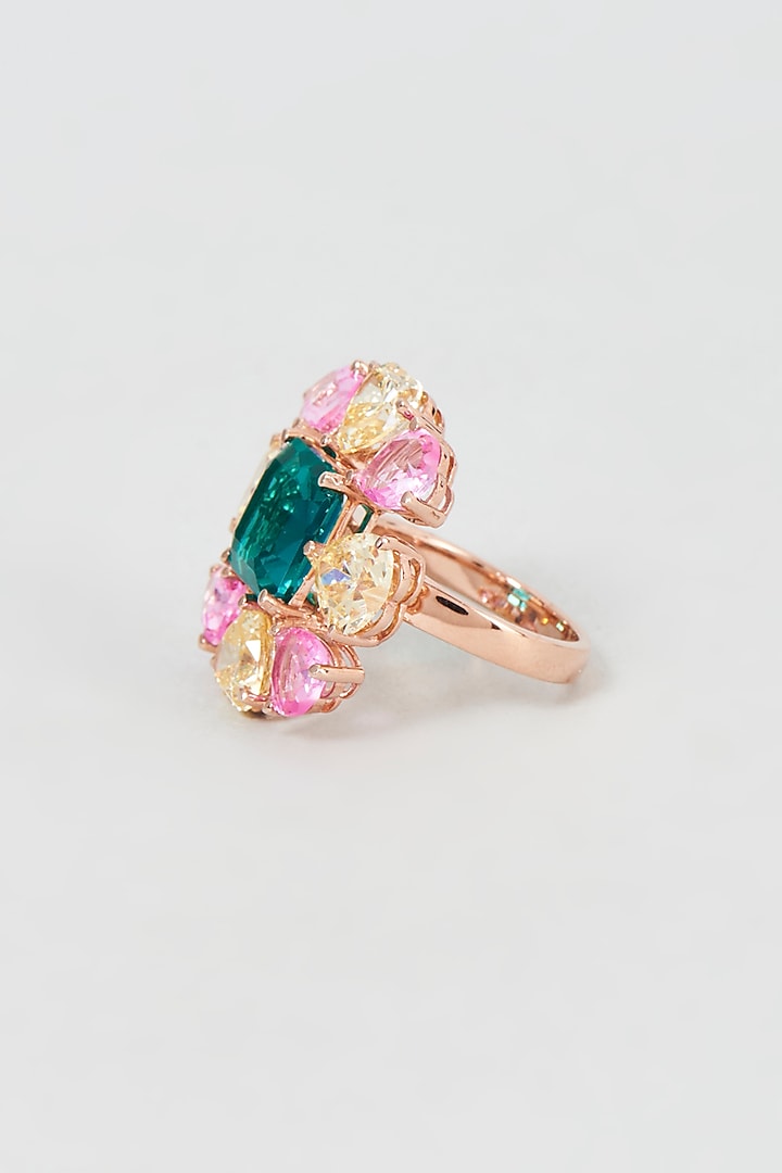 Rose Gold Finish Swarovski Zirconia & Emerald Stone Ring In Sterling Silver by Diosa Paris Jewellery at Pernia's Pop Up Shop