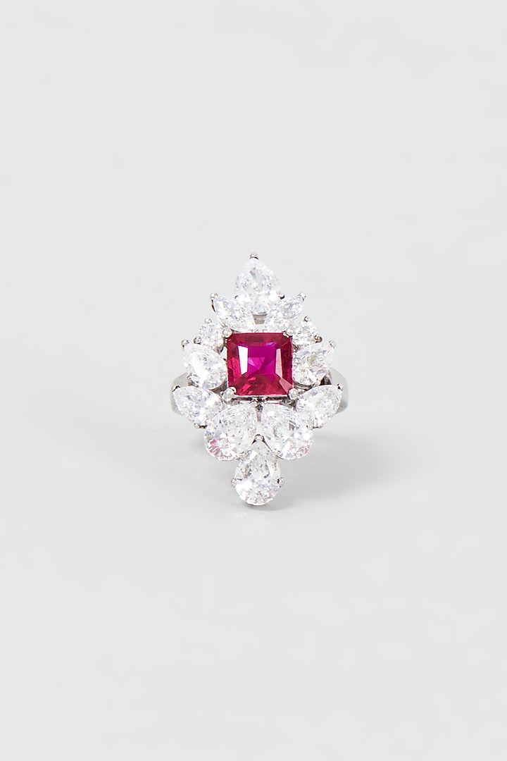 White Finish Emerald Cut Red Stone Ring In Sterling Silver by Diosa Paris Jewellery at Pernia's Pop Up Shop