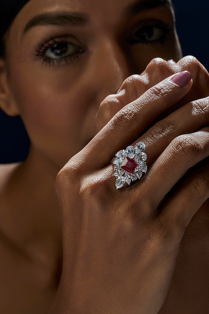 White Finish Emerald Cut Red Stone Ring In Sterling Silver by Diosa Paris Jewellery at Pernia's Pop Up Shop