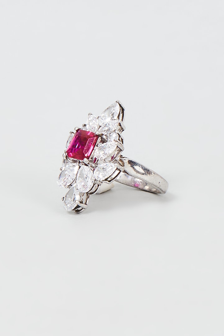 White Finish Emerald Cut Red Stone Ring In Sterling Silver by Diosa Paris Jewellery at Pernia's Pop Up Shop