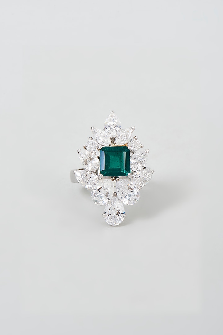 White Finish Emerald Cut Green Stone Ring In Sterling Silver by Diosa Paris Jewellery at Pernia's Pop Up Shop
