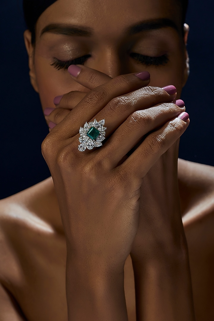 White Finish Emerald Cut Green Stone Ring In Sterling Silver by Diosa Paris Jewellery at Pernia's Pop Up Shop