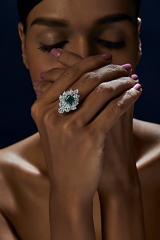White Finish Emerald Cut Green Stone Ring In Sterling Silver by Diosa Paris Jewellery