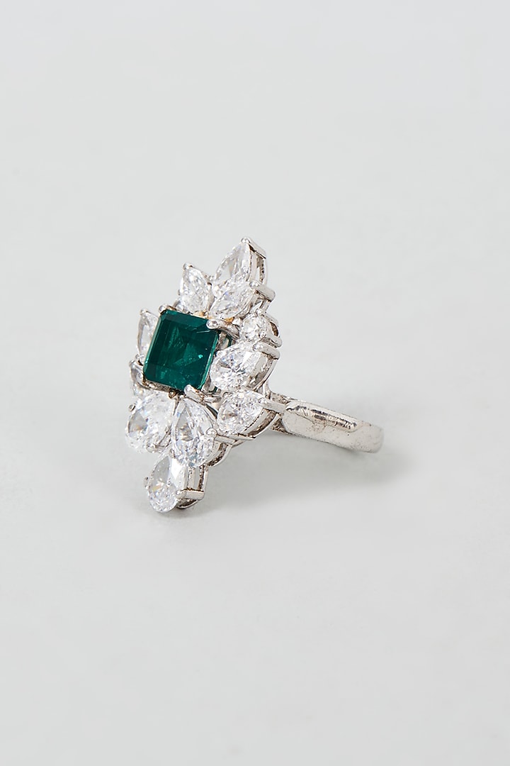 White Finish Emerald Cut Green Stone Ring In Sterling Silver by Diosa Paris Jewellery at Pernia's Pop Up Shop