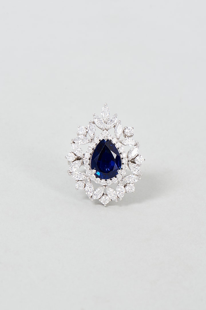 White Finish Emerald Cut Blue Stone Ring In Sterling Silver by Diosa Paris Jewellery at Pernia's Pop Up Shop