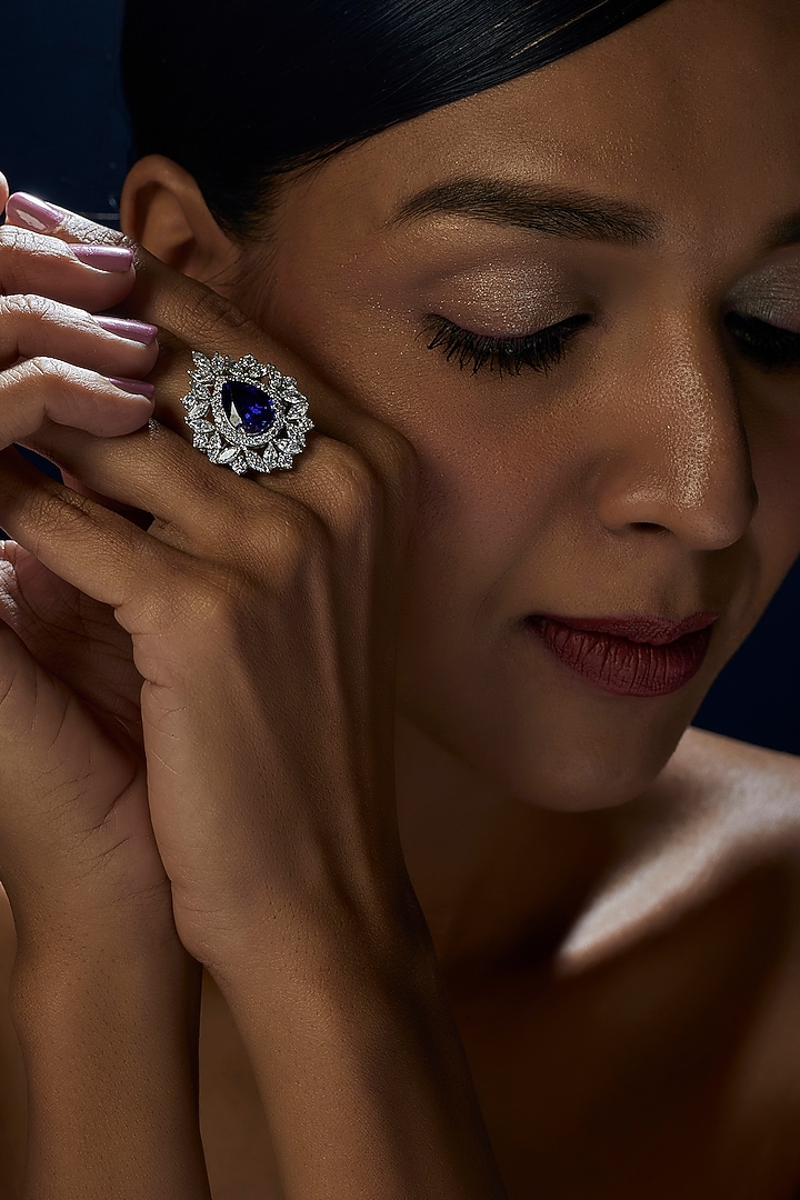 White Finish Emerald Cut Blue Stone Ring In Sterling Silver by Diosa Paris Jewellery at Pernia's Pop Up Shop