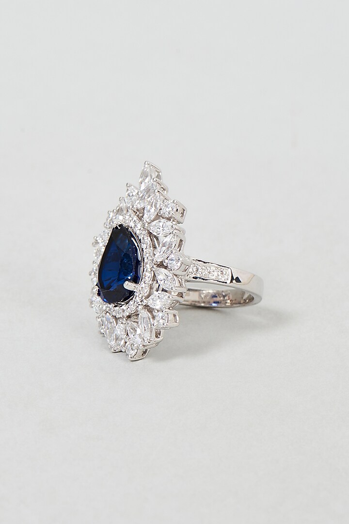 White Finish Emerald Cut Blue Stone Ring In Sterling Silver by Diosa Paris Jewellery at Pernia's Pop Up Shop