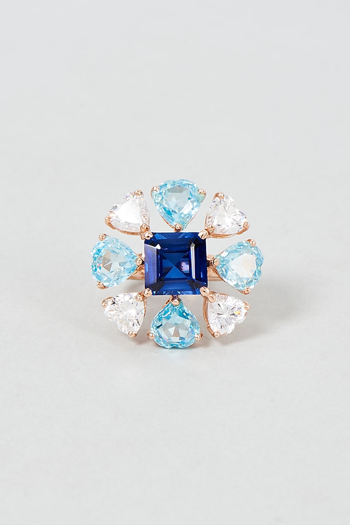 White Finish Emerald Cut Blue Stone Ring In Sterling Silver by Diosa Paris Jewellery at Pernia's Pop Up Shop