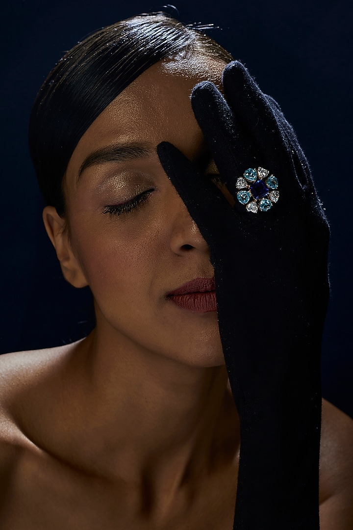 White Finish Emerald Cut Blue Stone Ring In Sterling Silver by Diosa Paris Jewellery at Pernia's Pop Up Shop