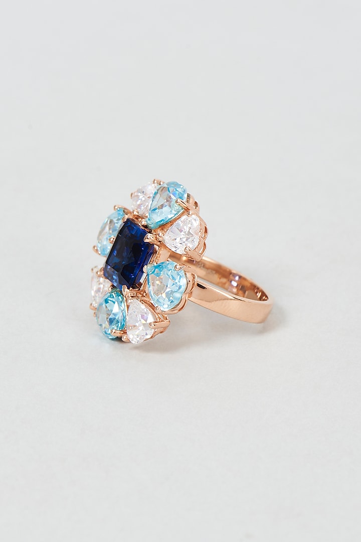 White Finish Emerald Cut Blue Stone Ring In Sterling Silver by Diosa Paris Jewellery at Pernia's Pop Up Shop