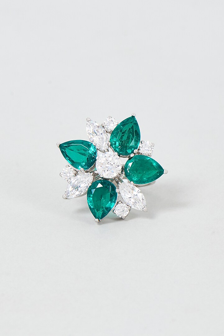 White Finish Green & White Stone Ring In Sterling Silver by Diosa Paris Jewellery at Pernia's Pop Up Shop