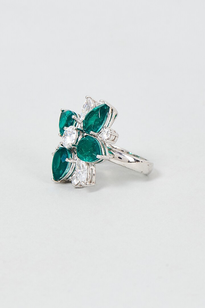 White Finish Green & White Stone Ring In Sterling Silver by Diosa Paris Jewellery at Pernia's Pop Up Shop