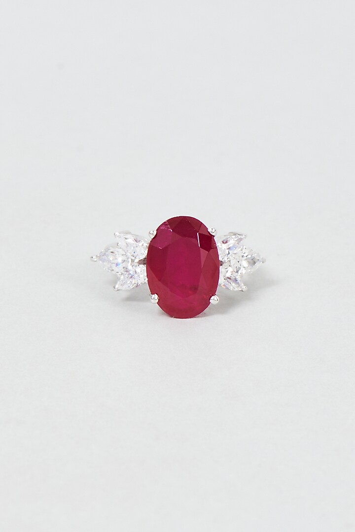 White Finish Oval Cut Red Stone Ring In Sterling Silver by Diosa Paris Jewellery at Pernia's Pop Up Shop