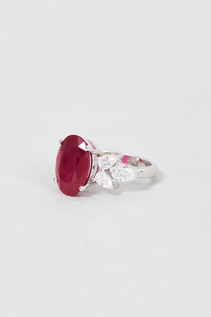 White Finish Oval Cut Red Stone Ring In Sterling Silver by Diosa Paris Jewellery at Pernia's Pop Up Shop