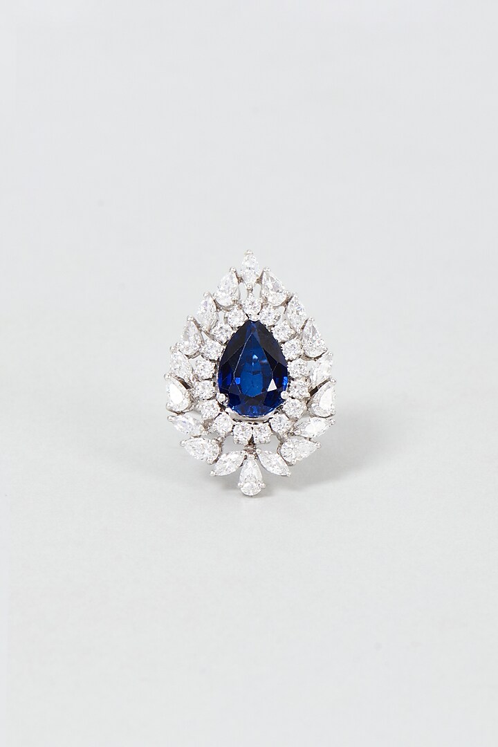 White Finish Swarovski Zirconia & Blue Stone Ring In Sterling Silver by Diosa Paris Jewellery at Pernia's Pop Up Shop