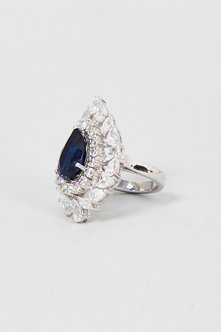 White Finish Swarovski Zirconia & Blue Stone Ring In Sterling Silver by Diosa Paris Jewellery at Pernia's Pop Up Shop