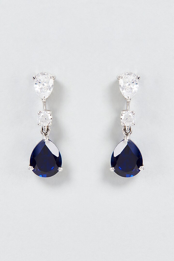 White Finish White & Blue Pear Cut Swarovski Zirconia Dangler Earrings In Sterling Silver by Diosa Paris Jewellery at Pernia's Pop Up Shop