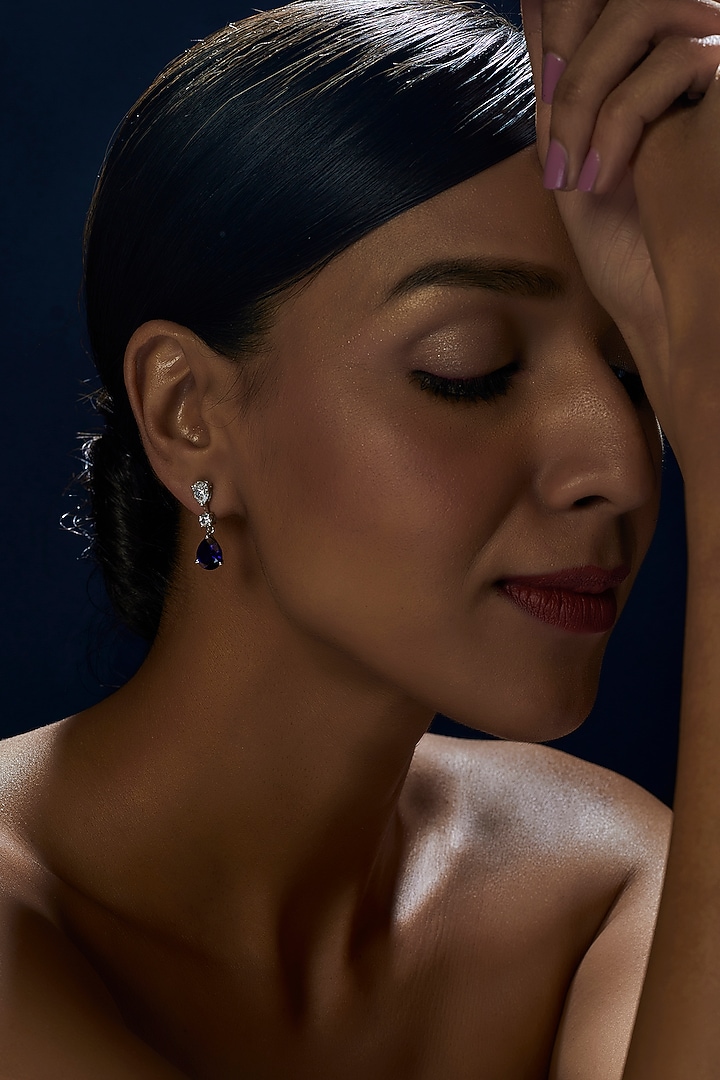 White Finish White & Blue Pear Cut Swarovski Zirconia Dangler Earrings In Sterling Silver by Diosa Paris Jewellery at Pernia's Pop Up Shop