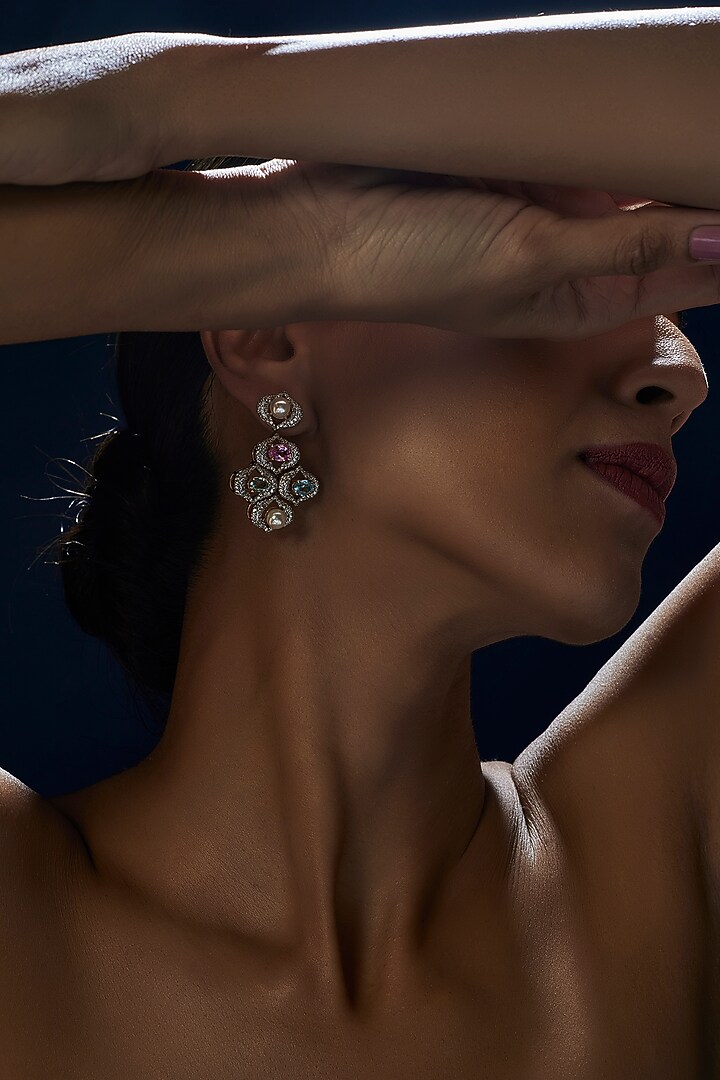 White Finish Multi-Colored Swarovski Zirconia Dangler Earrings In Sterling Silver by Diosa Paris Jewellery at Pernia's Pop Up Shop