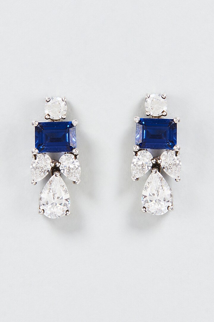 White Finish White & Blue Emerald Cut Swarovski Zirconia Dangler Earrings In Sterling Silver by Diosa Paris Jewellery at Pernia's Pop Up Shop