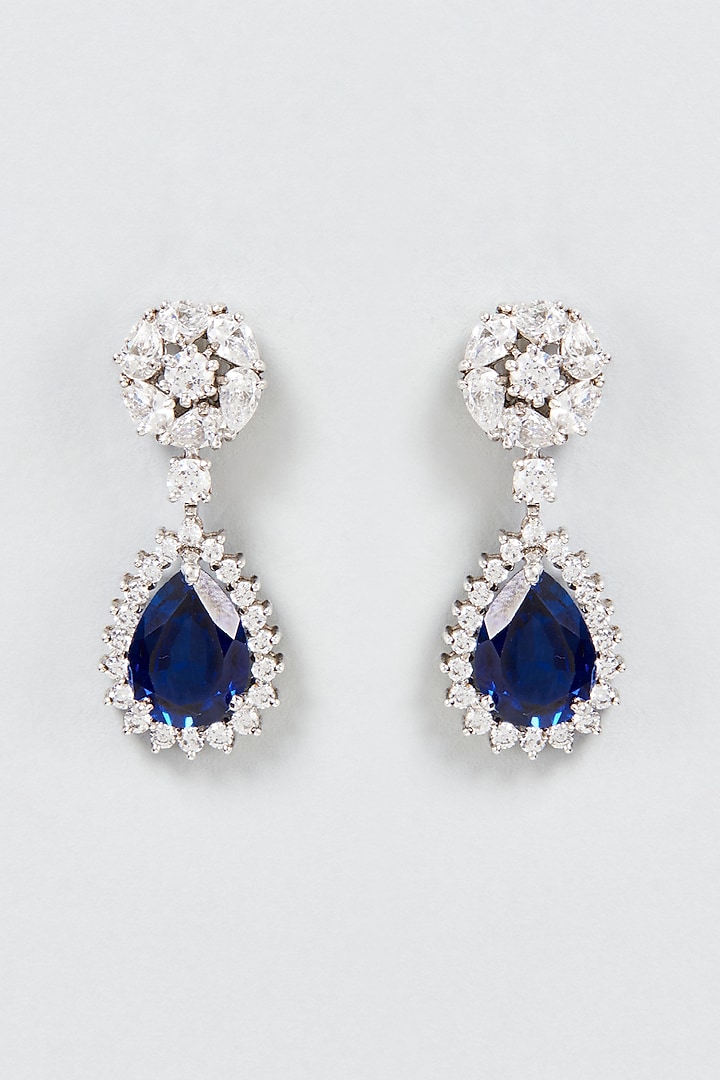 White Finish White & Blue Round Cut Swarovski Zirconia Dangler Earrings In Sterling Silver by Diosa Paris Jewellery at Pernia's Pop Up Shop