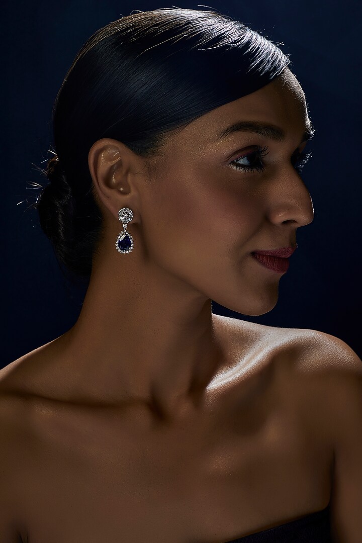 White Finish White & Blue Round Cut Swarovski Zirconia Dangler Earrings In Sterling Silver by Diosa Paris Jewellery at Pernia's Pop Up Shop