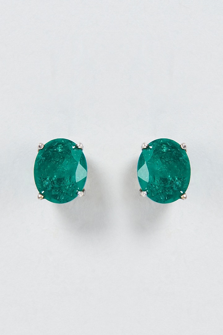 White Finish Green Oval Cut Swarovski Zirconia Stud Earrings In Sterling Silver by Diosa Paris Jewellery at Pernia's Pop Up Shop