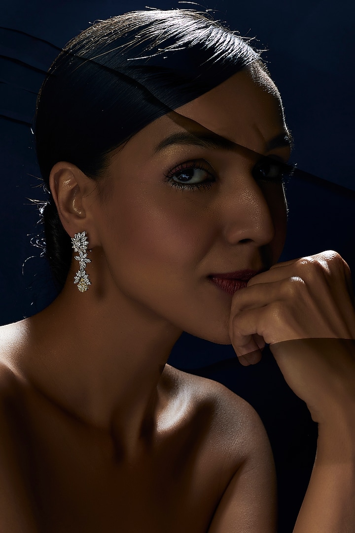 White Finish Swarovski Zirconia Dangler Earrings In Sterling Silver by Diosa Paris Jewellery at Pernia's Pop Up Shop