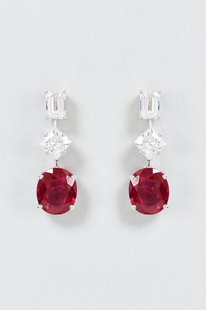 White Finish Red & White Oval Cut Swarovski Zirconia Stud Earrings In Sterling Silver by Diosa Paris Jewellery at Pernia's Pop Up Shop