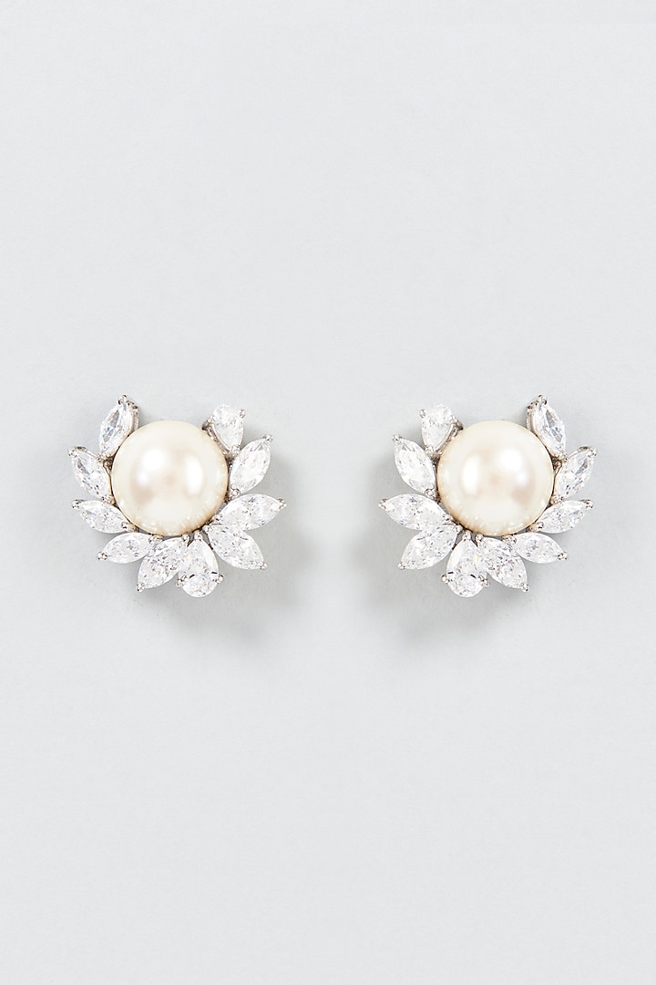 White Finish Swarovski Zirconia & Pearl Earclips In Sterling Silver by Diosa Paris Jewellery at Pernia's Pop Up Shop