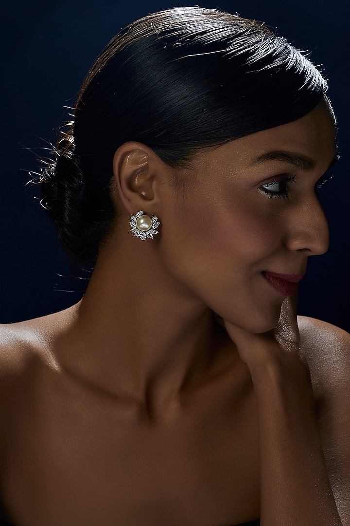White Finish Swarovski Zirconia & Pearl Earclips In Sterling Silver by Diosa Paris Jewellery at Pernia's Pop Up Shop