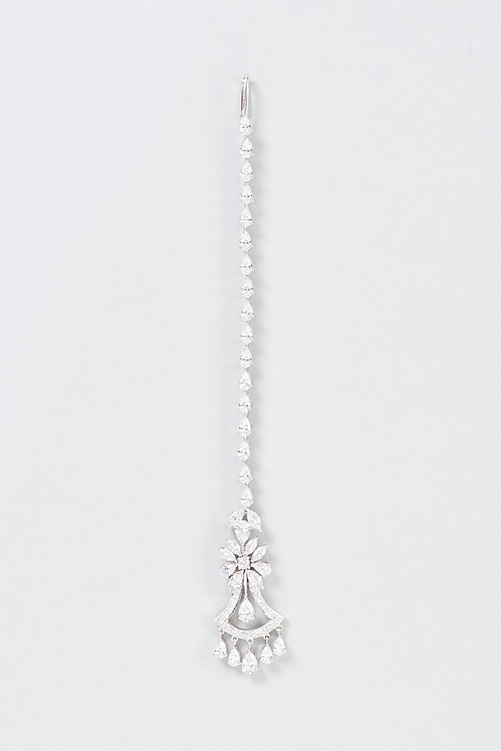 White Finish Swarovski Zirconia Maangtikka In Sterling Silver by Diosa Paris Jewellery at Pernia's Pop Up Shop