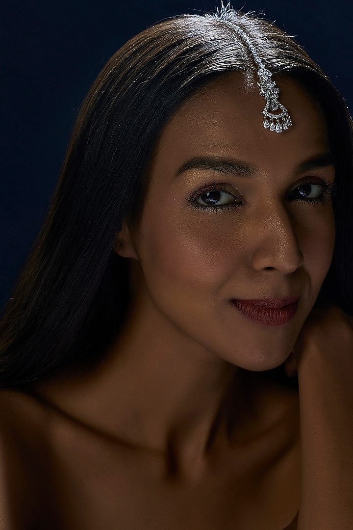 White Finish Swarovski Zirconia Maangtikka In Sterling Silver by Diosa Paris Jewellery at Pernia's Pop Up Shop