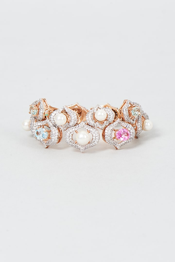 White Finish Swarovski Zirconia & Pearl Bracelet In Sterling Silver by Diosa Paris Jewellery at Pernia's Pop Up Shop