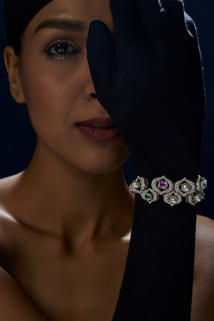 White Finish Swarovski Zirconia & Pearl Bracelet In Sterling Silver by Diosa Paris Jewellery at Pernia's Pop Up Shop