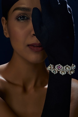 White Finish Swarovski Zirconia & Pearl Bracelet In Sterling Silver by Diosa Paris Jewellery