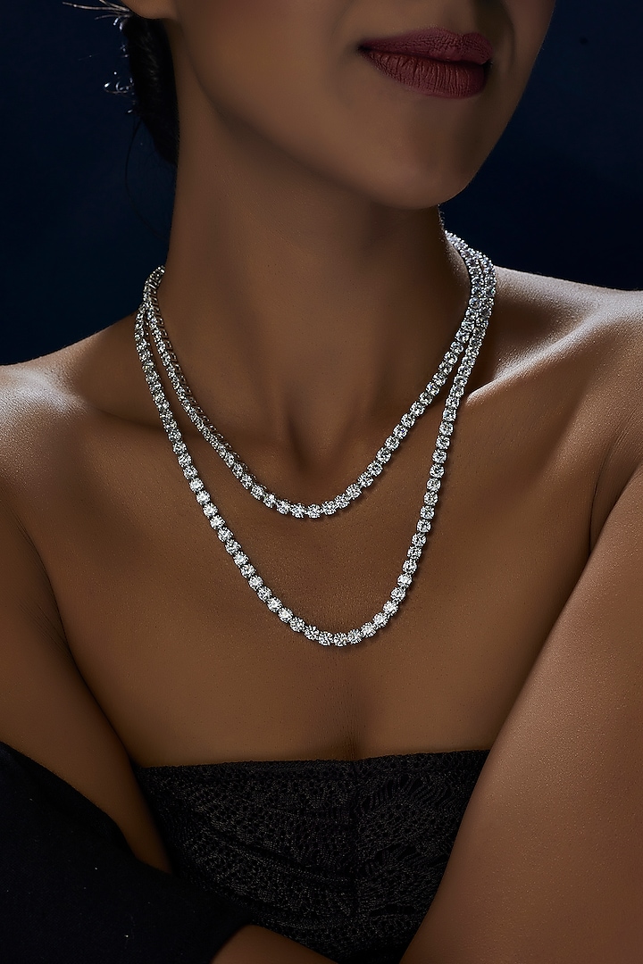 White Finish Swarovski Zirconia Long Strand Necklace In Sterling Silver by Diosa Paris Jewellery