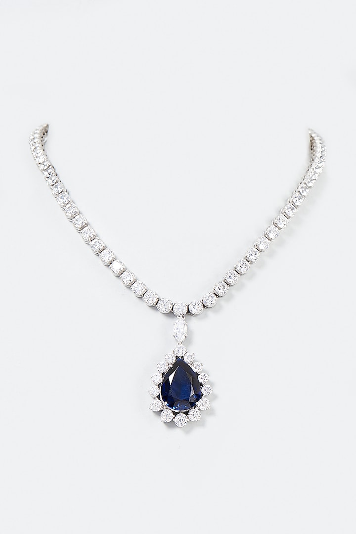 White Finish Blue & White Swarovski Zirconia Necklace In Sterling Silver by Diosa Paris