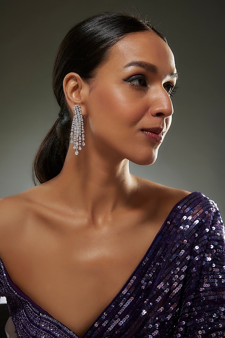 White Finish Swarovski Zircon Dangler Earrings In Sterling Silver by Diosa Paris Jewellery at Pernia's Pop Up Shop