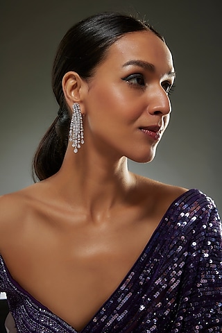 White Finish Swarovski Zircon Dangler Earrings In Sterling Silver by Diosa Paris Jewellery